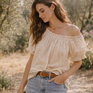 LAUREN MOFFATT 100% Silk Peasant Blouse | Ivory Puff Sleeve Boho Romantic Top